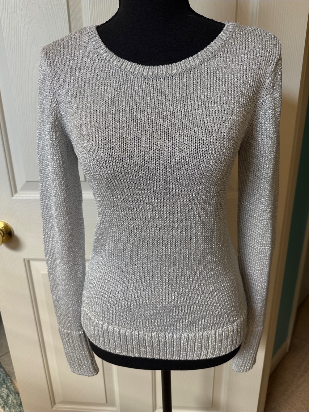 White House Black Market Silver Metallic Crewneck Sweater EUC
